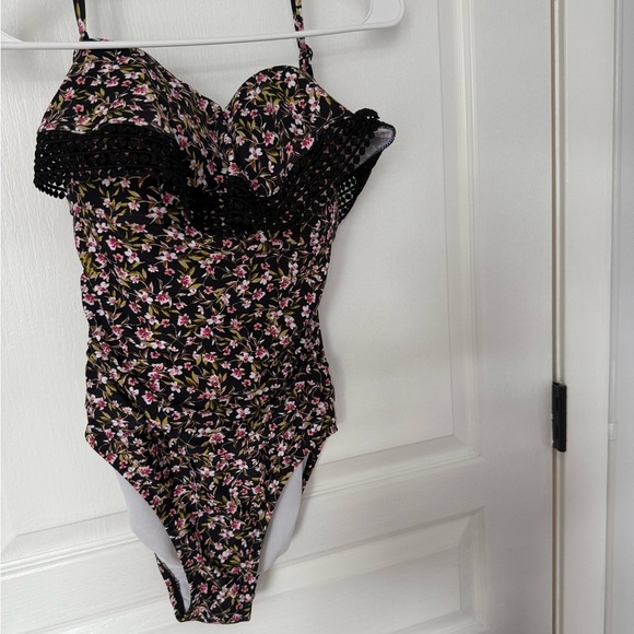 Kona Sol Black and Pink Floral One Piece Swimsuit - Picture 3 of 5